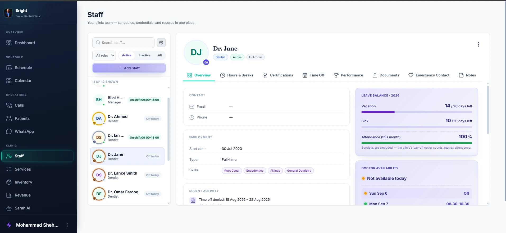 Staff & Services — supplied Denora product interface